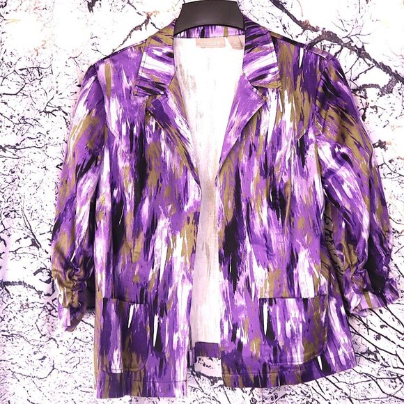 BRUSHSTROKE JACKET 2/12 Chico's Purple Warm Grey Yellow Spring Summer Office - Picture 2 of 8